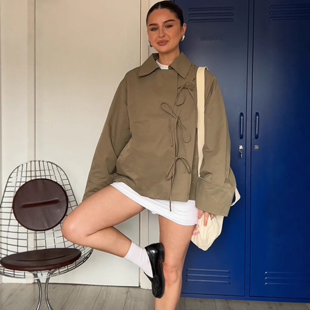 Damen Oversize-Hemdjacke mit dekorativen Knotenschließen und Hemdkragen Shop Nory