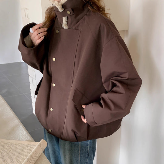 Damen Oversize-Kurzjacke mit Teddykragen und Pattentaschen Shop Nory