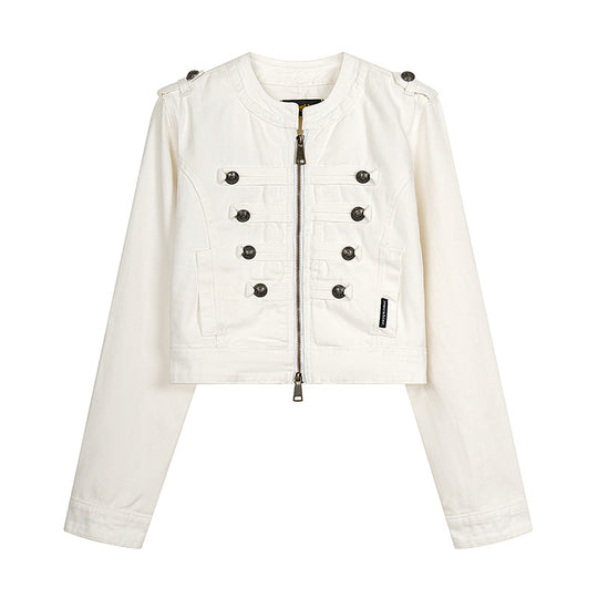 Damen Cropped-Denimjacke im Military‑Stil mit Zierknopfleisten Shop Nory