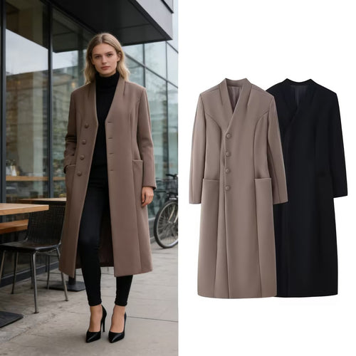 Damen Eleganter Wolloptik-Maximantel mit verdeckter Knopfleiste und aufgesetzten Taschen Shop Nory