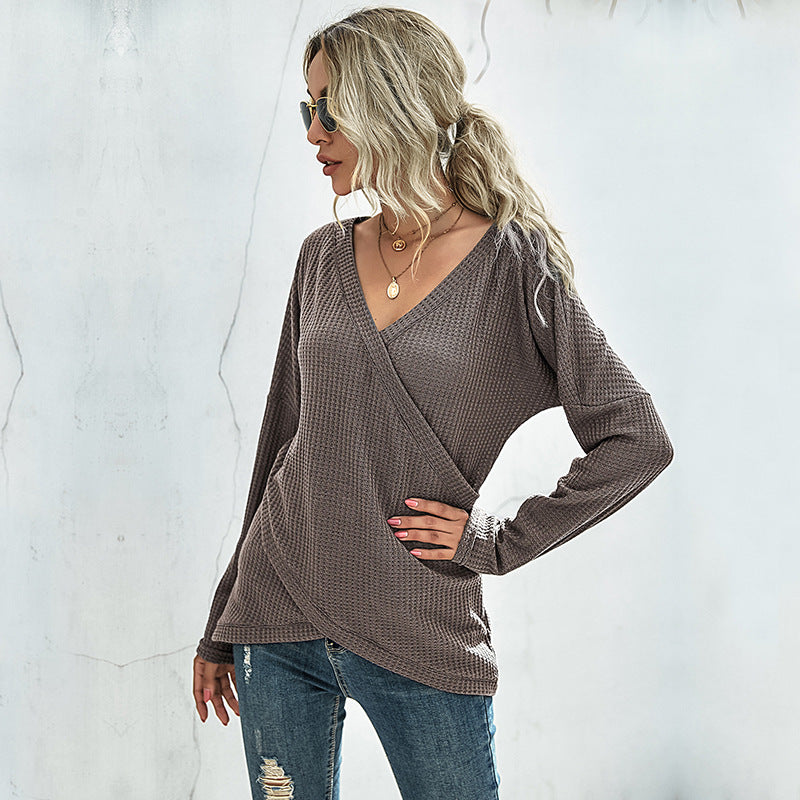 Damen Waffelstrick‑Wickelshirt mit V-Ausschnitt und langer Oversize-Ärmelpassform Shop Nory