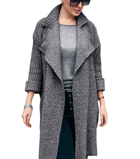 Damen Langer Offener Strickmantel mit Schalkragen und Umschlagärmeln Shop Nory