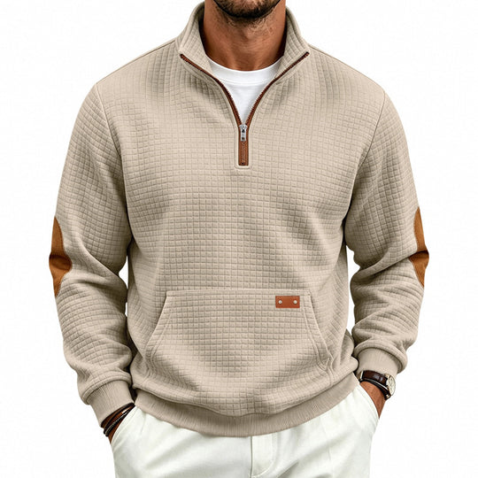 Herren Stehkragen-Halbzip-Sweatshirt mit karierter Reliefstruktur und Lederoptik-Ellenbogenpatches Shop Nory