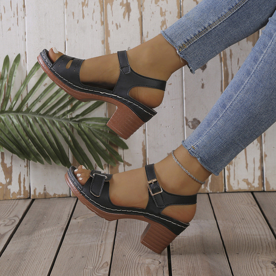 Damen modische Sandaletten mit eleganter Schnalle und Holz-Blockabsatz
