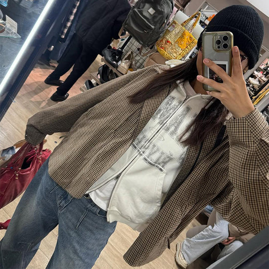 Damen Boxy-Kurzjacke im Glencheck mit elastischem Saum und Reißverschluss Shop Nory