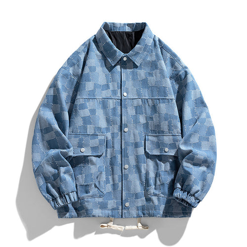 Herren Oversize-Jeansjacke im Karo-Look mit Druckknöpfen, Pattentaschen und Kordelzug Shop Nory