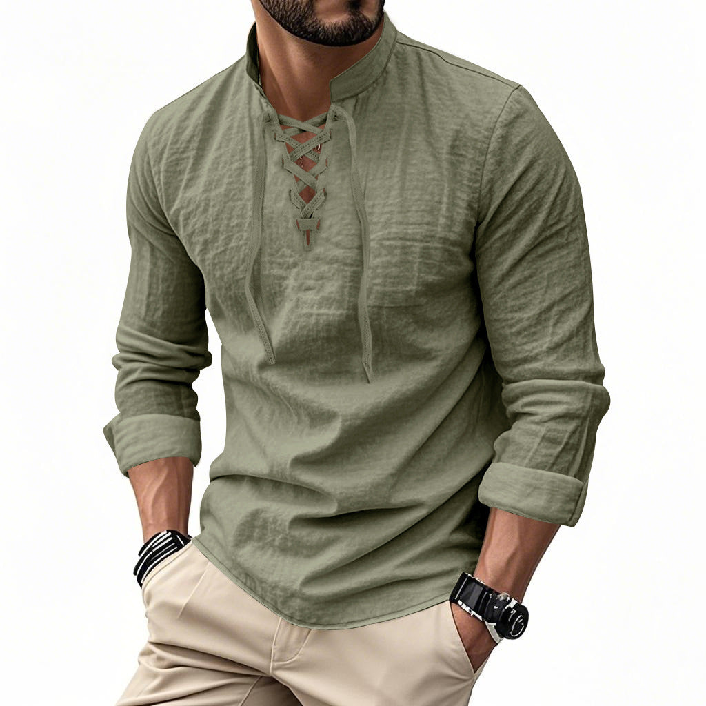 Herren nan Leinenoptik Langarmshirt mit Schnürung V-Ausschnitt und Stehkragen Shop Nory