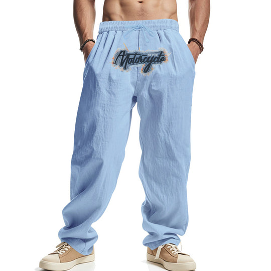 Herren Locker sitzende Leinenoptik-Relaxhose mit elastischem Bund, Kordelzug & Frontprint Shop Nory