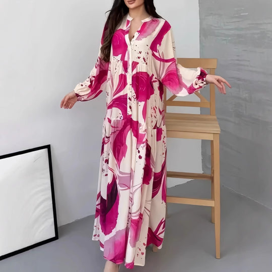 Damen Fließendes Maxikleid mit Stufenrock, überschnittenen Ballonärmeln und Stehkragen Shop Nory