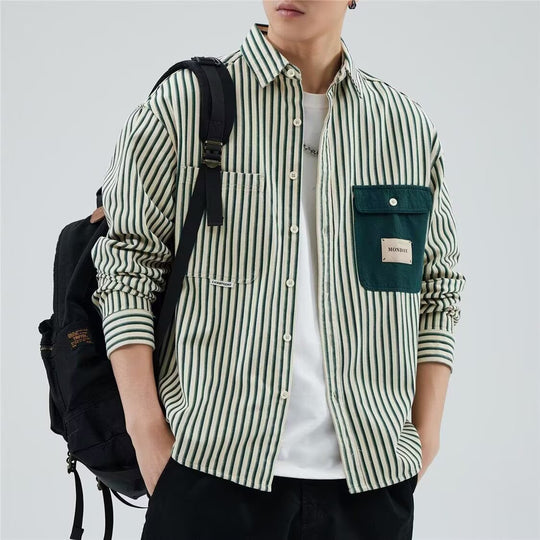 Herren Gestreiftes Overshirt im Workwear-Stil mit kontrastierter Brusttasche Shop Nory