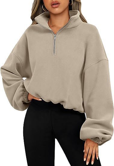 Damen nan kurz geschnittenes Halbzip-Sweatshirt mit hohem Stehkragen, Ballonärmeln und elastischem Saum Shop Nory