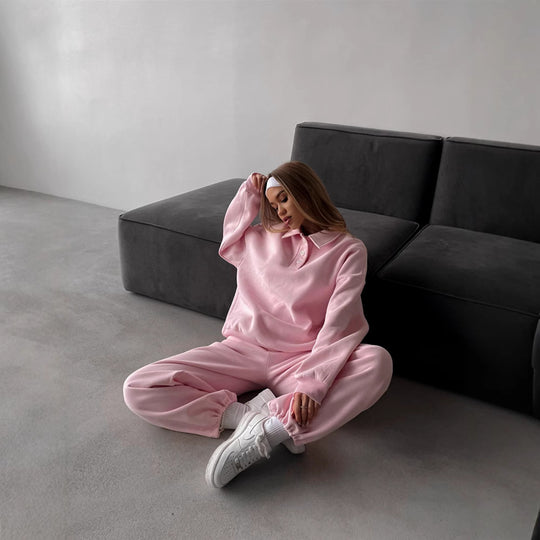 Damen Casual-Set aus schwerem French-Terry mit Polokragen-Cropped-Sweater und weitem High-Waist-Sweathose Shop Nory