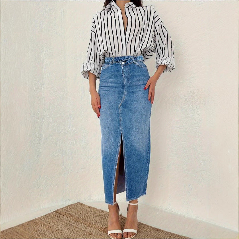 Damen Retro-inspirierter High-Waist Denim-Midirock mit zentralem Frontschlitz und figurbetonter Silhouette Shop Nory