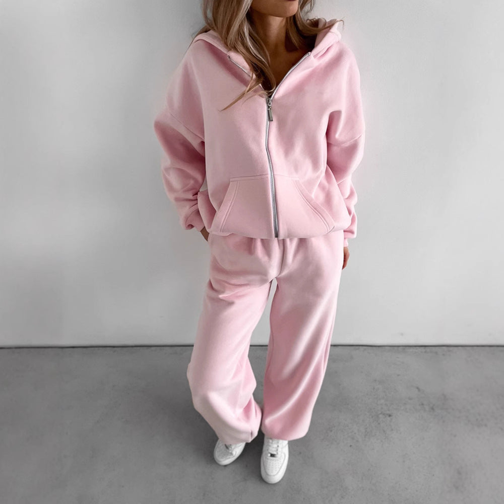 Damen Loungewear-Set Shop Nory: Oversized Zip-Hoodie mit Kapuze und weiter High-Waist Sweatpant aus Soft-Fleece