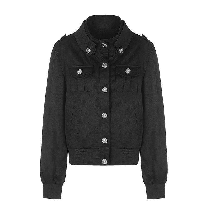 Damen Kurz geschnittene Samtvelours Bomberjacke mit Schmuckknöpfen und Schulterklappen Shop Nory