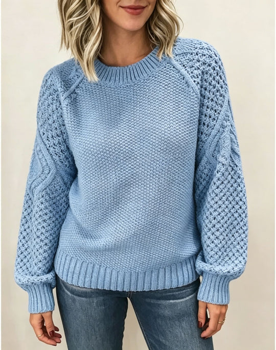 Damen Grobgestrickter Rundhals-Pullover mit Ajour- und Zopfmusterärmeln Shop Nory