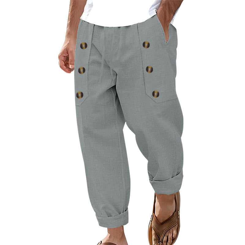 Herren Bequeme Leinenhose mit seitlichen Knöpfen und elastischem Bund