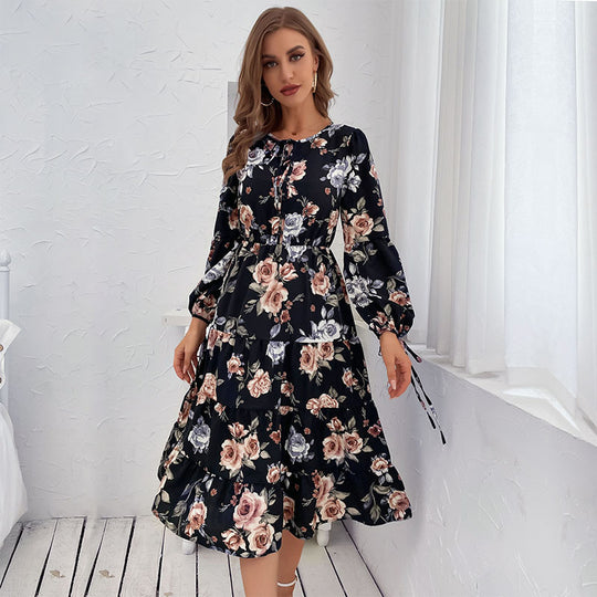 Damen Blumiges Stufen-Midikleid mit Taillenschnürung und Ballonärmeln Shop Nory