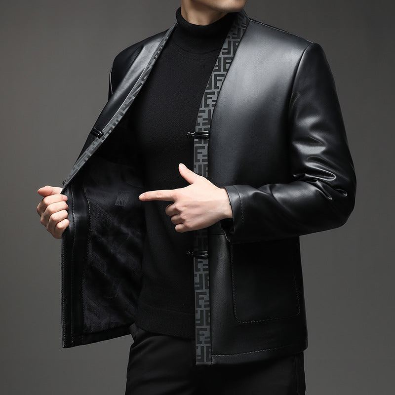 Herren Kunstleder-Sakko im Kimono-Stil mit Jacquardblende und Kordelverschlüssen Shop Nory