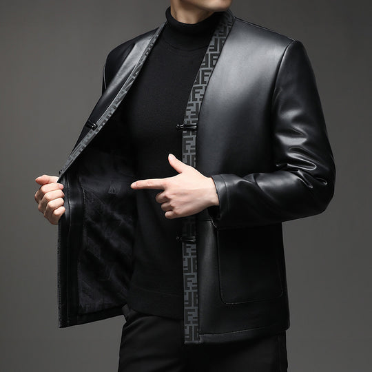 Herren Kunstleder-Sakko im Kimono-Stil mit Jacquardblende und Kordelverschlüssen Shop Nory