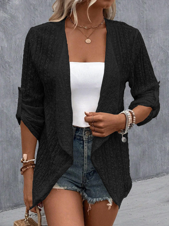 Damen luftiger Strick-Cardigan mit dekorativem Lochmuster Shopnory