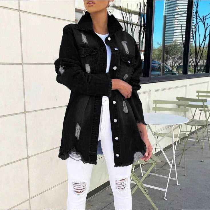 Damen Longline-Denimjacke mit Destroyed-Details und Fransenabschluss Shop Nory