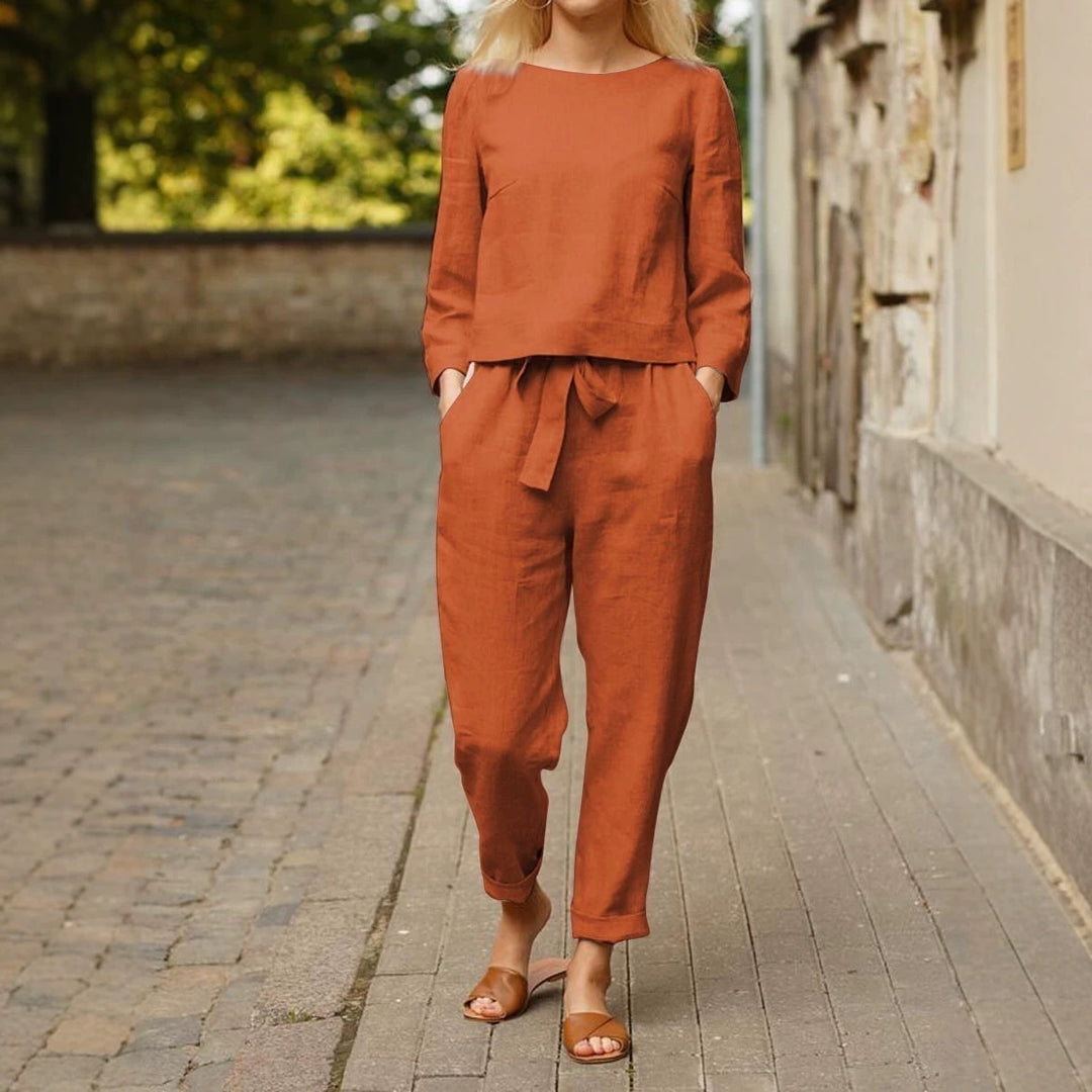 Damen Lässiges Leinen-Loungewear-Set mit Rundhalsausschnitt, Bindegürtel und knöchellanger Hose Shop Nory