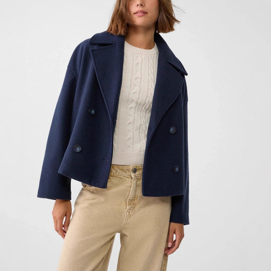 Damen nan kurz geschnittener Zweireiher Wollmix-Peacoat mit überbreitem Revers und kastiger Silhouette Shop Nory