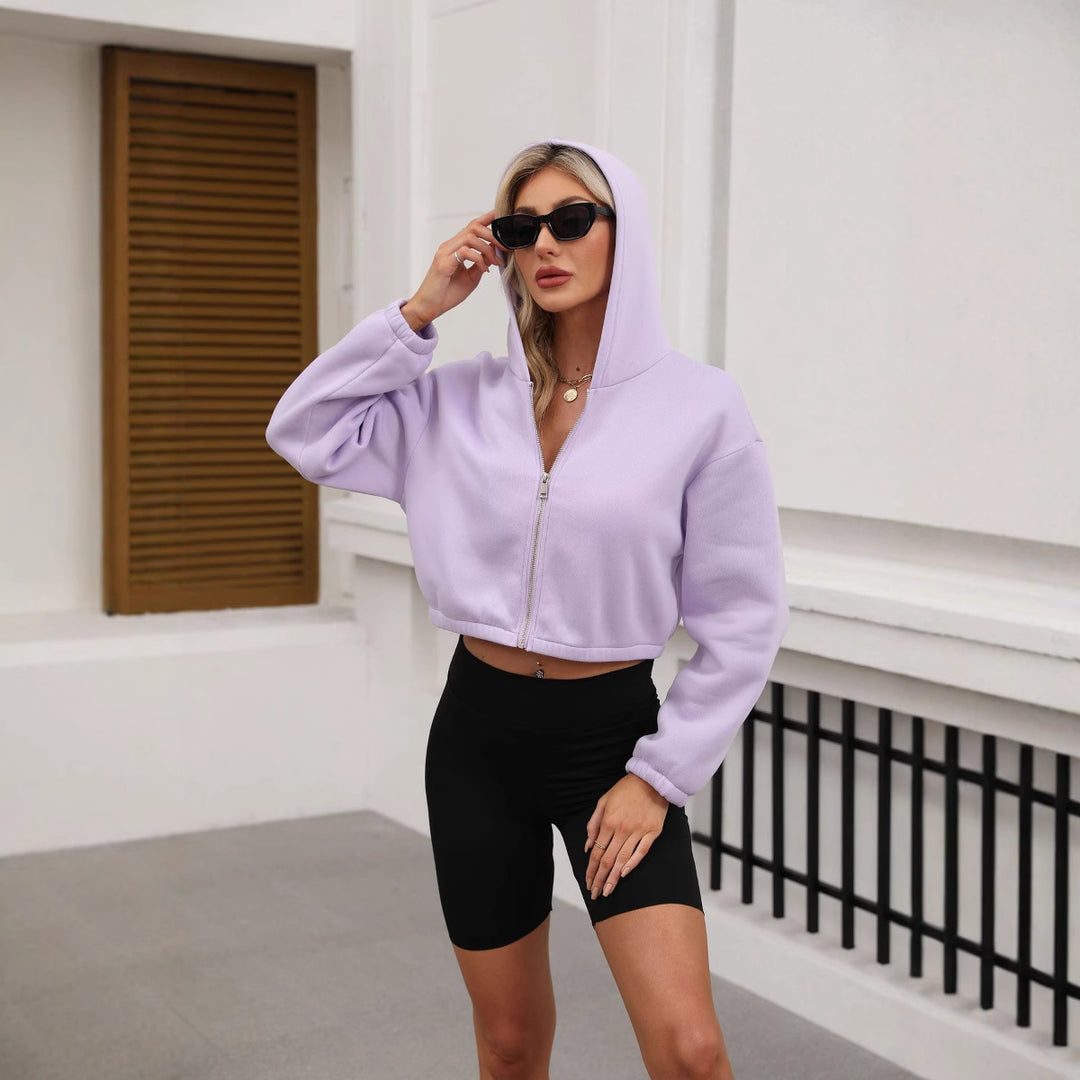 Damen Cropped Kapuzenjacke mit durchgehendem Reißverschluss und oversized Ärmeln Shop Nory