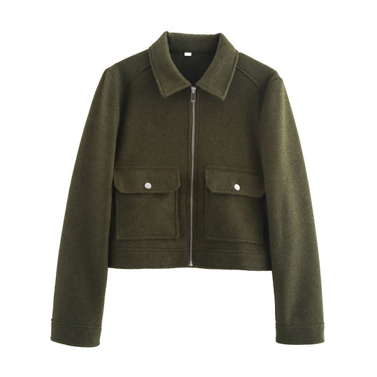 Damen Kurz geschnittene Wollmix-Jacke mit Hemdkragen, Reißverschluss und aufgesetzten Klappentaschen Shop Nory