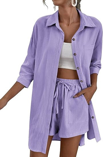 Damen Leichtes Longline-Hemdjacken-Set mit elastischer High-Waist-Shorts Shop Nory