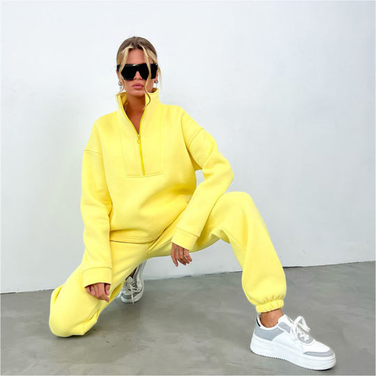 Damen lässiges Fleece-Set mit halbem Reißverschluss und weitem Schnitt