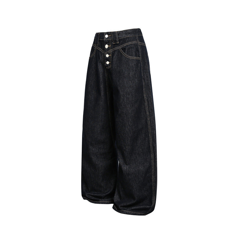 Damen hochtaillierte Baggy-Jeans in Ballonform mit sichtbarer Knopfleiste und markanten Nähten Shop Nory