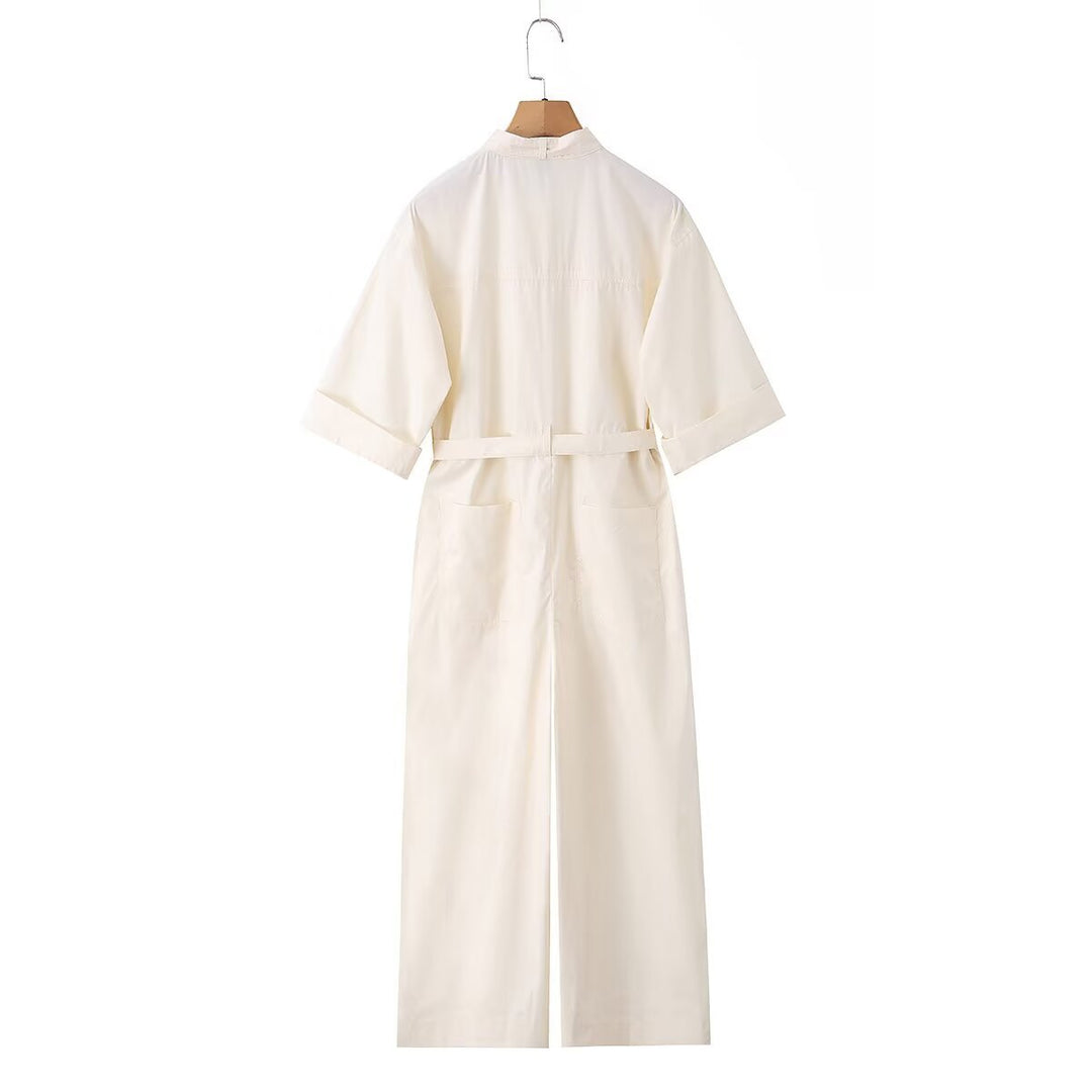 Damen Overall mit Schleifenkragen, Taillengürtel und weitem Bein Shop Nory