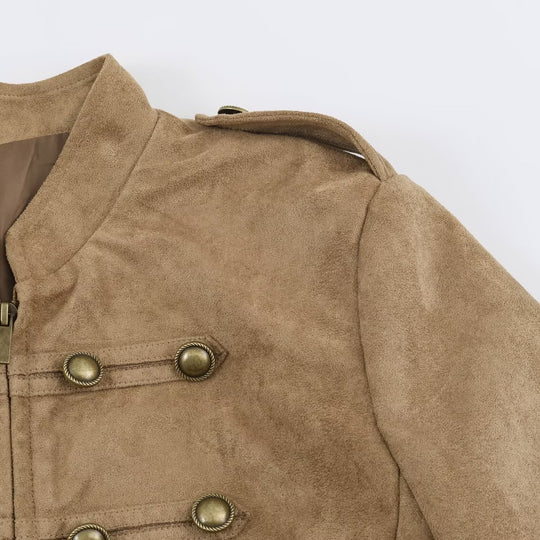 Damen kurz geschnittene Kavallerie-Jacke aus Wildlederoptik mit Zierknopfleiste und Schulterpatten Shop Nory