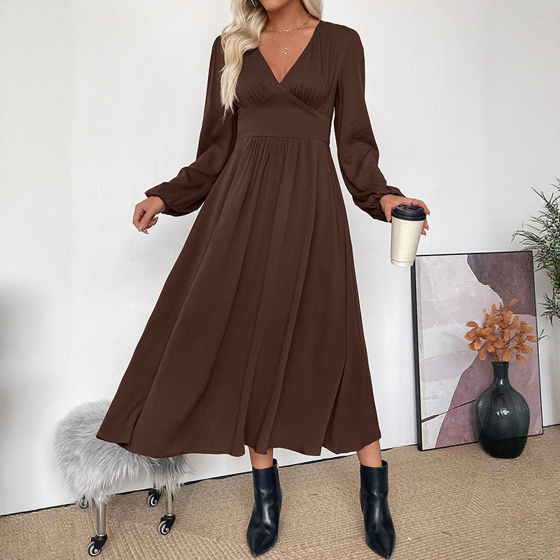 Damen Maxikleid Wickeloptik mit V-Ausschnitt, Empire-Taille und langen Ballonärmeln Shop Nory