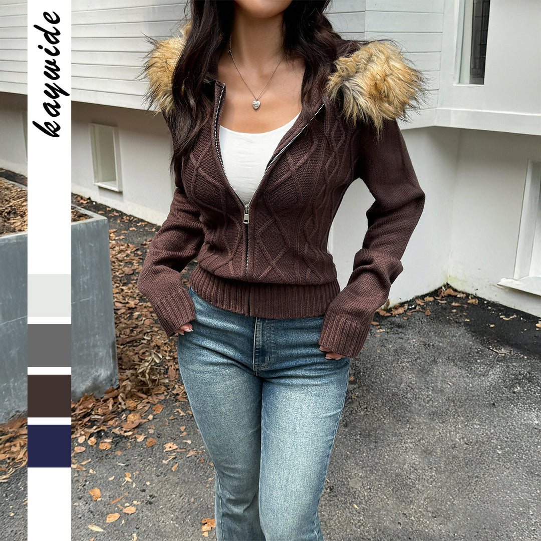 Damen nan taillierte Zopfmuster-Strickjacke mit durchgehendem Reißverschluss und abnehmbarer Kunstpelzkapuze Shop Nory