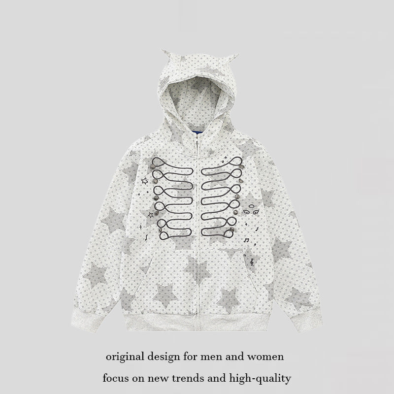 Damen Kapuzen‑Sweatjacke mit 3D‑Ohrenapplikationen, durchgehendem Reißverschluss und verspieltem Militär‑Illustrationsprint Shop Nory