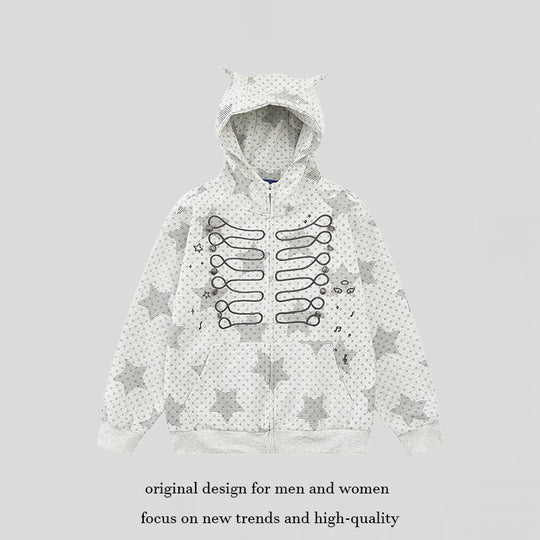 Damen Kapuzen‑Sweatjacke mit 3D‑Ohrenapplikationen, durchgehendem Reißverschluss und verspieltem Militär‑Illustrationsprint Shop Nory