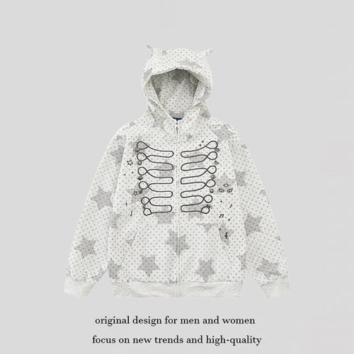 Damen Kapuzen‑Sweatjacke mit 3D‑Ohrenapplikationen, durchgehendem Reißverschluss und verspieltem Militär‑Illustrationsprint Shop Nory
