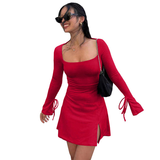 Damen figurbetontes Minikleid mit quadratischem Ausschnitt langen Ärmeln Bindbändern an den Ärmelabschlüssen und seitlichem Schlitz Shop Nory