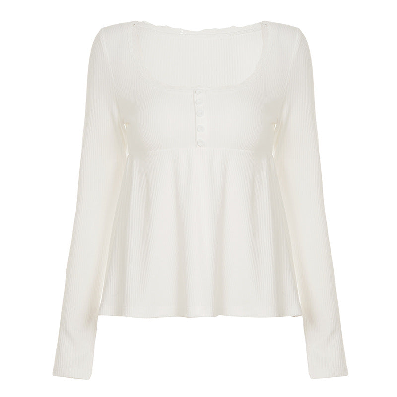 Damen nan geripptes Langarm-Top mit Empire-Taille, zierlicher Knopfleiste und Spitzenbesatz Shop Nory