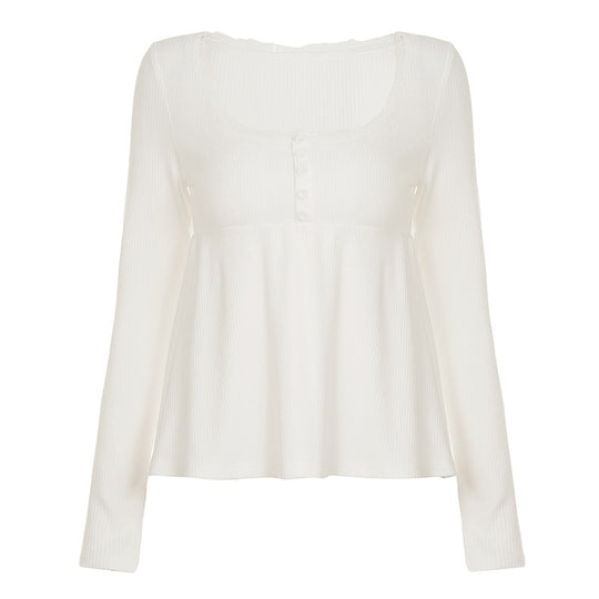 Damen nan geripptes Langarm-Top mit Empire-Taille, zierlicher Knopfleiste und Spitzenbesatz Shop Nory