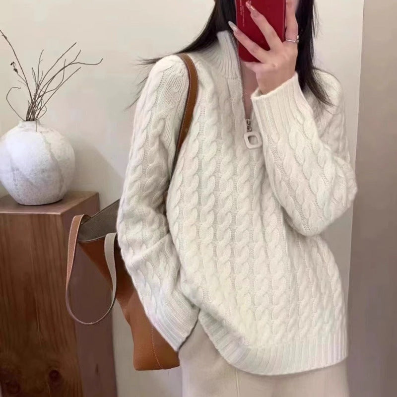 Damen Oversize Zopfmuster-Feinstrickpullover mit halbem Zipper und Stehkragen Shop Nory