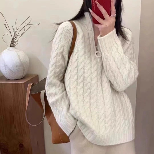 Damen Oversize Zopfmuster-Feinstrickpullover mit halbem Zipper und Stehkragen Shop Nory