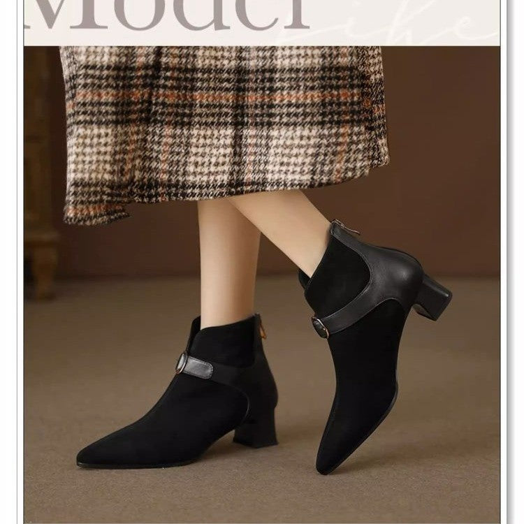 Damen elegante spitze Velours-Ankle-Boots mit mittelhohem Blockabsatz und Zierspange Shop Nory