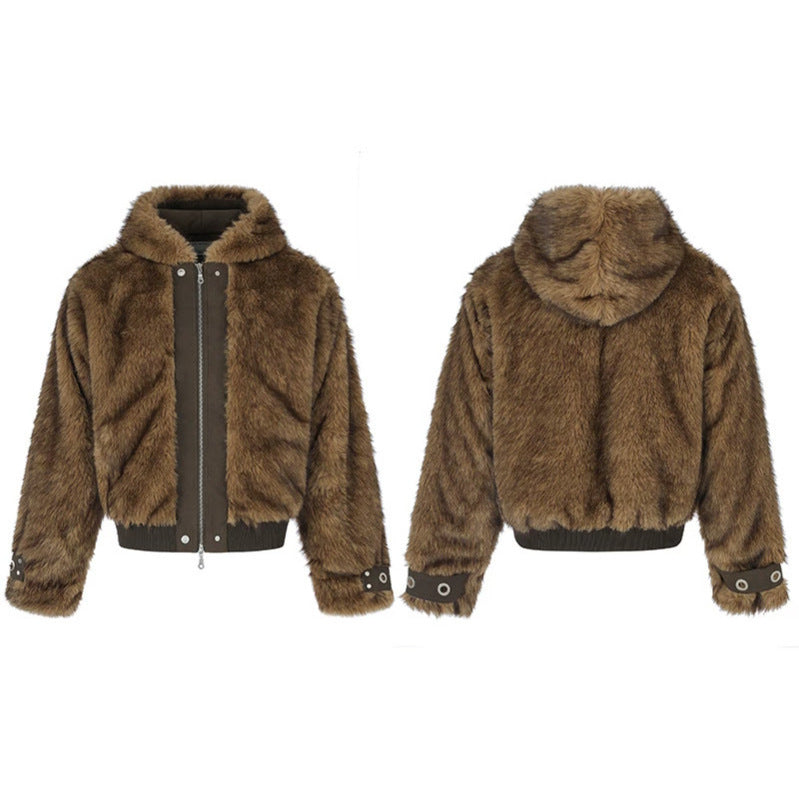 Damen Kurz geschnittene Kapuzen-Bomberjacke aus Kunstfell mit Rippbündchen und Zwei-Wege-Reißverschluss Shop Nory
