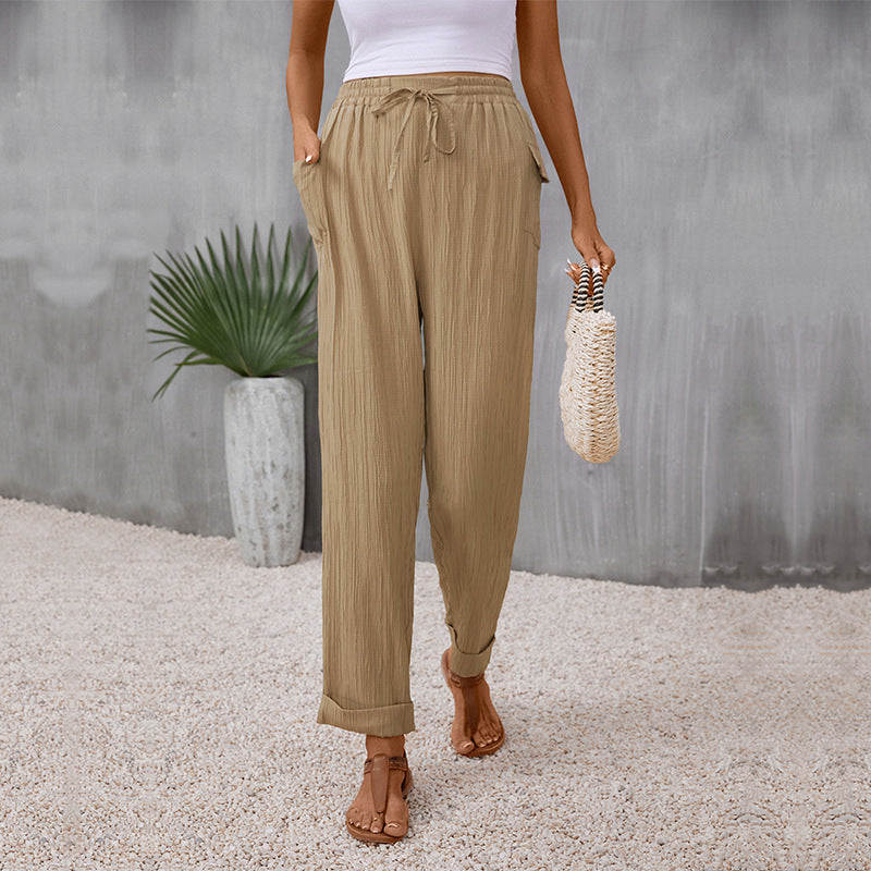 Damen Leichte Leinenoptik-Hose mit Gummibund, Tunnelzug und geradem Bein Shop Nory