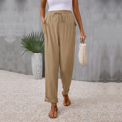 Damen Leichte Leinenoptik-Hose mit Gummibund, Tunnelzug und geradem Bein Shop Nory