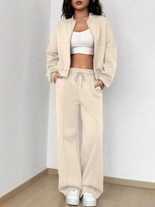 Damen Loungewear-Set mit kurzem Reißverschluss-Bomber und weiter High-Waist Jogginghose Shop Nory